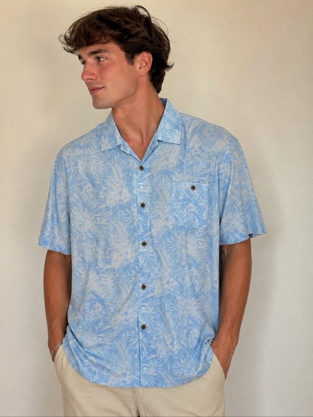 Men's Light Blue Tropical Print Short-Sleeve Button-Down Shirt Summer Vaxation